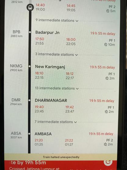 Das Foto zeigt den aktuellen Zuglauf vom 07030, der gegenwärtig mit 19:55 Stunden verspätet unterwegs ist.