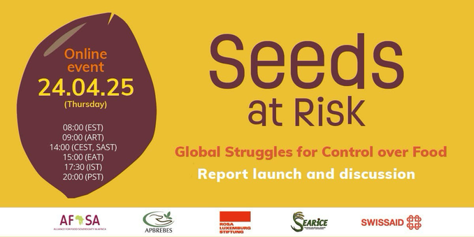 📅 24 April 2025 🕑 14:00 (Bern)📍Online 🆕 Report #SeedsAtRisk 🌱 📢 On the occasion of the release of the publication “Seeds at Risk”, SWISSAID invites you to an online discussion on the crucial role of seeds in our food systems.  ✊ Join us online to learn more about this topic and hear from our experts in the South and North. ➡️ +infos: https://www.swissaid.ch/en/articles/our-seeds-are-in-danger-how-can-we-protect-them 👉 Register here EN/ES/FR/DE: https://eu01web.zoom.us/webinar/register/WN_Vq5raAtIRIGK0uSsQwcUcg?#/registration  EN | Join us for the online launch of the report "Seeds at Risk" and a dialogue with people defending farmers' seeds and striving to transform our food systems.  FR | Rejoignez-nous pour le lancement en ligne du rapport « Semences en danger » et un dialogue avec les personnes qui défendent les semences paysannes et s'efforcent de transformer nos systèmes alimentaires.  DE | Nehmen Sie teil am Online-Event zur Veröffentlichung des Berichts „Unser Saatgut in Gefahr“ und treten Sie in einen Dialog mit Menschen, die das bäuerliche Saatgut verteidigen und sich für einen Wandel unserer Nahrungsmittelsysteme einsetzen.  ES | Acompáñenos en la presentación en línea del informe «Semillas en peligro» y en un diálogo con referentes que defienden las semillas de los agricultores y agricultoras y luchan por transformar nuestros sistemas alimentarios.  