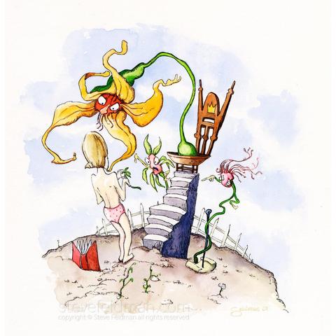 My watercolor painting titled "Judgment of the Flowers" depicts a child standing before three flowers, one angrily denouncing with a thumbs down, the second pointing derisively and the third from a throne chair atop a stone stair set preparing to effectuate the sentence.