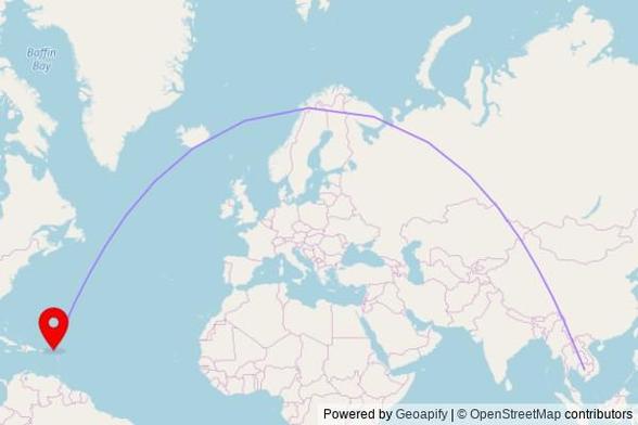 A map showing the great circle route from Kampong Chhnang in Cambodia to a map pin at St Maarten Islamic Center, Puma Road 26, Philipsburg, Netherlands