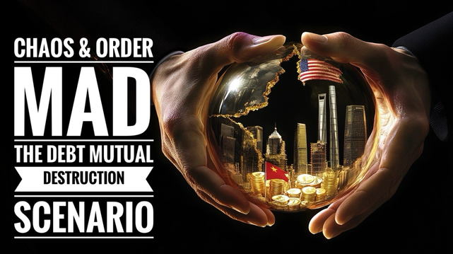 Two hands tear apart a fragile glass orb, revealing a split cityscape of gold coins, skyscrapers, and U.S. and Chinese flags inside. A glowing fault line runs through it, symbolizing the fragility of U.S.–China economic ties. On the left, bold white text reads: CHAOS & ORDER: MAD – The Debt Mutual Destruction Scenario.