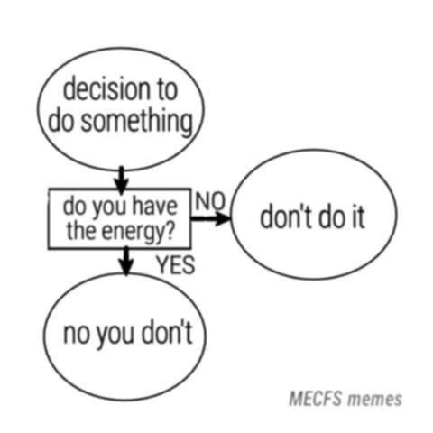 flowchart

oval (decision to do something)
points down to a rectangle (do you have the energy?) right arrow labeled "NO" goes to an oval that says (don't do it) or a down arrow labeled "YES" points down to an oval (no you don't)

MECFS memes