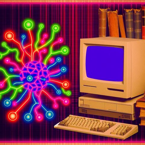 Old computer with colorful neural nodes