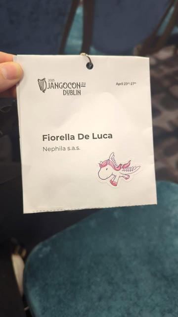 Closeup picture of a badge conference of Fiorella De Luca at DjanngoCon Europe 2025