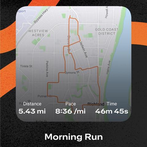 A map showing a 5.43 mile run in 46:45