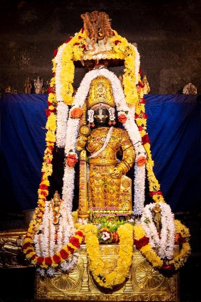 Idol of Hindu deity Krishna in opulent stone-studded gold cladding with a matching crown, holding a similarly-clad staff in right hand. A small gold umbrella over Krishna's head. White and yellow flower garlands around the umbrella and Krishna. Krishna stands on top of a gold platform with white, yellow, and red flower garlands on the platform. Blue cloth background.