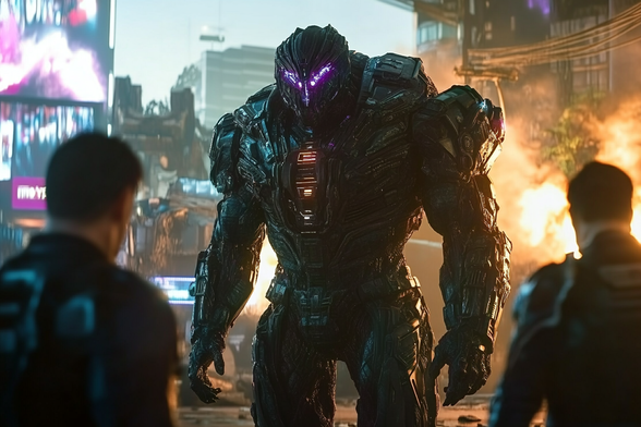 A towering cybernetic space robot stares down at a lone human on an alien planet, symbolizing the clash between advanced technology and human sovereignty in outer space.