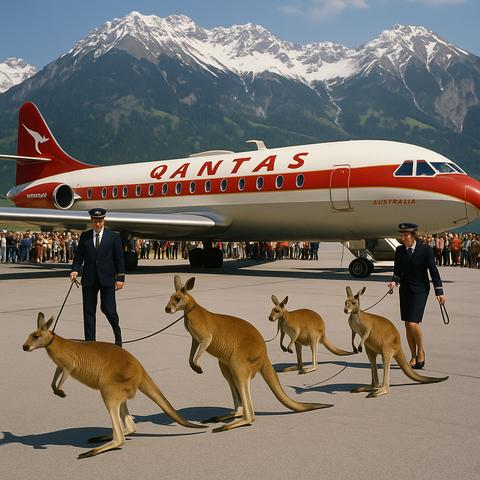 Four kangaroos on leashes guided be pilots in front of a Sud Aviation Caravelle in Qantas livery, hopping on concrete with crowds behind the plane. Mountains in the background still covered in snow.