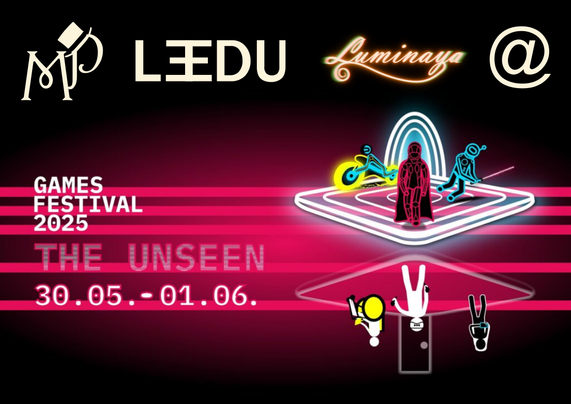 Grafik zum Games Festival 2025 in München im FatCat, es findet statt zwischen dem 30.05.2025 und dem 01.06.2025. Der Titel lautet "The Unseen", im Kopf sind die Logos der "Mystery-Project Technology", der Marke "L3EDU" und des Spiels "Luminaya" zu sehen, die Grafiken werden mit einem "@" Zeichen mit der Grafik des Games Festivals verknüpft.