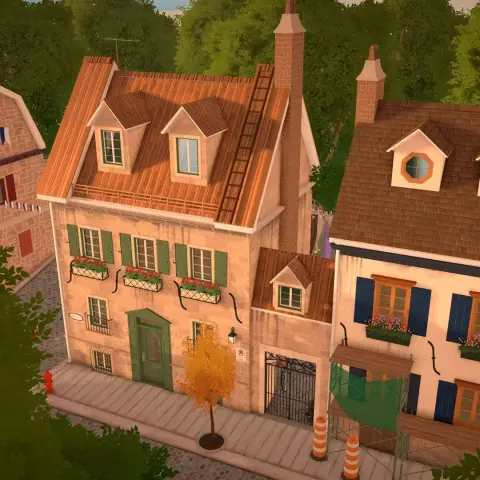 One of the first ever screenshots of Paralives' town, showing a village-like street with old houses. They have colorful blinds, doors of various shapes and sizes, flower pots hanging from several windows, various roofs (mostly orange tiles and brown roofing), the outside walls are a bit dirty and held together with brackets, one of them has scaffolding and traffic cones in the front. A clothesline can be faintly seen in-between two buildings. A ladder is installed on the roof of one of them, some trees and sidewalk appear in the front, as well as street signs and small flags hanging between two buildings.