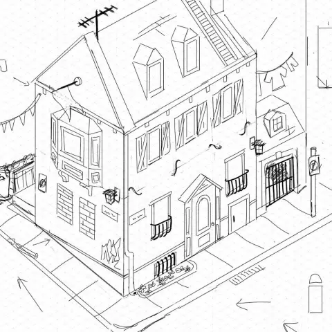 A black and white drawing/sketch of one of the houses featured in the screenshot, although from a different angle. It's planning for various features like the different heights of the windows (plus some former windows now walled up), various details of the structure such as the brackets, the signs, the clothesline, the lamps or the antenna, and even some graffitti on the side.