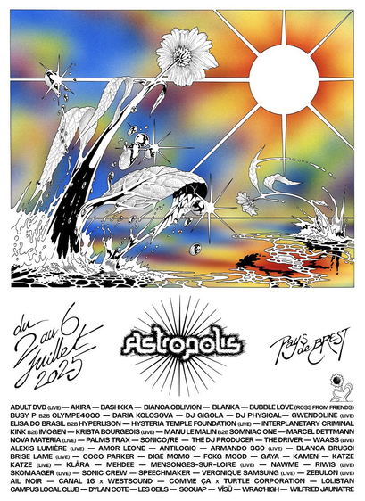 Astropolis festival poster, flowers jumping out of the water