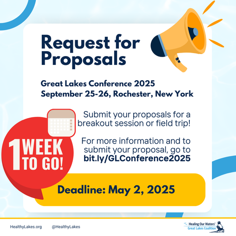 A megaphone proclaiming the request for proposals for the 2025 Great Lakes Conference from September 25-26 in Rochester, New York. For more information and to submit your proposal, go to bit.ly/GLConference2025. Only one week left to submit applications! They're due May 2, 2025