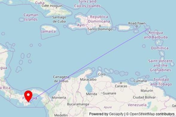 A map showing the great circle route from Philipsburg in the Netherlands to a map pin at Iglesia San Juan Bosco el carate las tablas, Vía hacia el Carate, El Muñoz, Los Santos, Panama