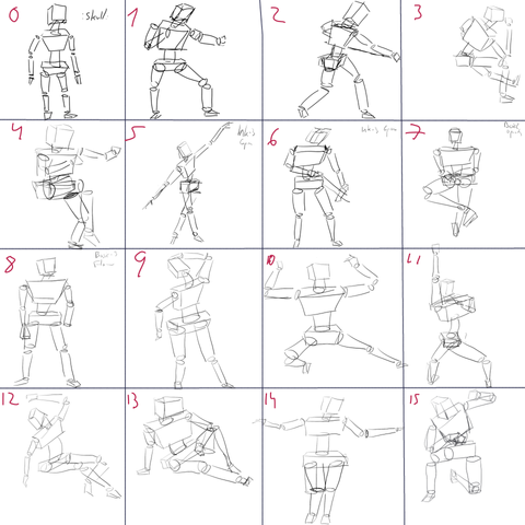 16 drawings of human figures made of geometric shapes such as cilinders and prisms. The drawings are presented in a 4x4 grid. Cell 0 also has the text ":skull", cells 5 and 6 have the text "Ink-3 Gpen", cell 7 has the text "Basic-2 Opacity" and cell 8 has the text "Basic-3 Flow".