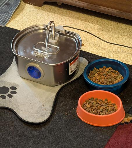 A stainless steel cat fountain shaped like an oblong tub, with a shallow, water-filled platform as the lid. A curved steel tube delivers a stream of water to the platform from a tank below. It sits on a mat with a couple of bowls of dry kibble food.