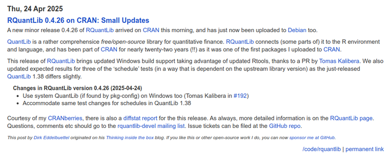 Screenshot of blog post at https://dirk.eddelbuettel.com/blog/2025/04/24#rquantlib_0.4.26 describing release 0.4.26 of CRAN package RQuantLib
