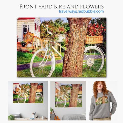 Front yard bike and flowers: A rustic residential front yard with a charming house in Nova Scotia, Canada - Art prints and gift ideas
