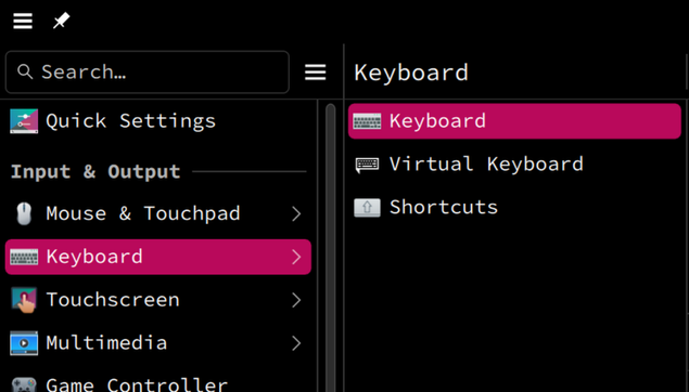 Screenshot showing the first few setting choices in KDE Plasma's system settings. Keyboard settings are the second ( ignoring the "Quick Settings" which is "most used settings" ).