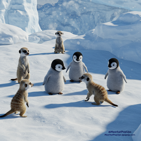 画像には、雪と氷に覆われた場所に、3羽のヒナペンギンと4匹のミーアキャットが描かれています。ヒナペンギンは、ふわふわとした灰色の羽毛に覆われ、つぶらな瞳をしています。ミーアキャットは、立ち上がったり、四つん這いになったりして、周囲を見回しています。背景には、氷山のような地形が広がっています。これはAI生成画像です。
The image depicts three chick penguins and four meerkats in a snowy and icy environment. The chick penguins are covered in fluffy gray down and have round eyes. The meerkats are standing up or on all fours, looking around. In the background, there is an icy, mountainous landscape. This is an AI-generated image.