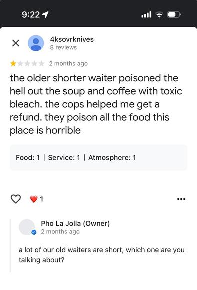 Online review of food from a San Diego restaurant--and the restaurant owner's cogent response.