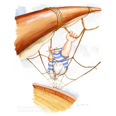 My watercolor painting titled "The Artist as a Fat Man Climbing the Rigging to Unfurl the Sail and Bring the Ship Underway that he Might Travel to a more Bountiful Land" is a humorous scene presenting a rotund man determinedly climbing the rigging of a sailing ship with a paint brush in his mouth.