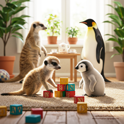 手前の赤ちゃんミーアキャットはカラフルな積み木に興味津々の様子で、隣には同じように積み木を見つめるペンギンの雛がいます。背景には窓があり、差し込む光の中で、母ミーアキャットと母ペンギンが小さなテーブルを囲んでお茶を楽しんでいます。観葉植物が置かれ、温かく穏やかな雰囲気が漂っています。これはAI生成画像です。
In the foreground, the baby meerkat looks very interested in the colorful building blocks, and next to it, a penguin chick is similarly gazing at the blocks. In the background, bathed in light streaming through a window, the mother meerkat and the adult penguin, possibly an Emperor Penguin, are enjoying tea around a small table. Potted plants are placed around, creating a warm and peaceful atmosphere. This is an AI-generated image.