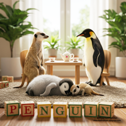 床に置かれた「PENGUIN」と書かれた積み木のそばで、小さなミーアキャットとペンギンの雛が寄り添い、眠っています。背景には窓があり、明るい光が差し込む中で、母ミーアキャットと母ペンギンが、小さなテーブルを囲んでティーカップを前に座り、穏やかな時間を過ごしているようです。これはAI生成画像です。
Near building blocks that spell out "PENGUIN" on the floor, a small meerkat and a penguin chick are nestled together, their eyes closed in sleep. In the background, bathed in bright light from a window, two meerkats and an adult penguin, possibly an Emperor Penguin, are sitting around a small table with teacups, seemingly enjoying a peaceful moment. Potted plants are placed around, creating a warm and tranquil atmosphere in this charming illustration of different animals resting together. This is an AI-generated image.