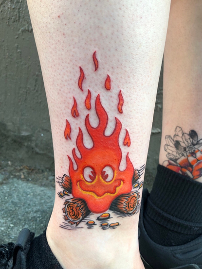 rubber hose cartoon style Calcifer tattoo