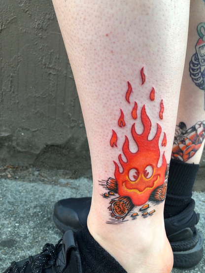 rubber hose cartoon style Calcifer tattoo