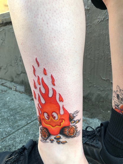 rubber hose cartoon style Calcifer tattoo