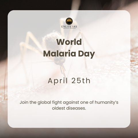 World Malaria Day – April 25
“Accelerate the Fight Against Malaria”

Observed every year on April 25, World Malaria Day raises global awareness about one of the deadliest diseases that continues to affect millions worldwide. Spearheaded by the World Health Organization (WHO), the day emphasizes prevention, control, and elimination efforts, especially in high-burden regions like Sub-Saharan Africa and South Asia.

What is Malaria?
Caused by Plasmodium parasites, spread through bites of infected female Anopheles mosquitoes
Leads to fever, chills, organ failure, and can be fatal if untreated
Children under 5 and pregnant women are especially vulnerable

Key Global Facts
In 2022, over 249 million cases and over 600,000 deaths were reported globally
Africa accounts for ~95% of malaria cases and deaths
India has made significant progress, reducing malaria cases by 85.1% between 2015 and 2023
WHO aims for global malaria eradication by 2030

#EnliteIAS #WorldMalariaDay #EndMalaria #UPSC #IAS #CivilServices #IASCoaching #UPSCPreparation #UPSCAspirants 