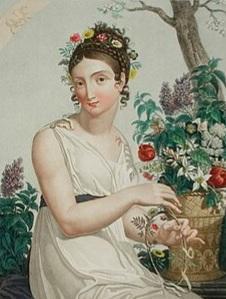 Allégorie du mois de floréal : une femme vêtue de blanc avec une ceinture noire se tient assise sous un arbre et près d'une vasque remplie de fleurs. Elle porte une couronne de fleurs dans ses cheveux et en tresse une nouvelle.