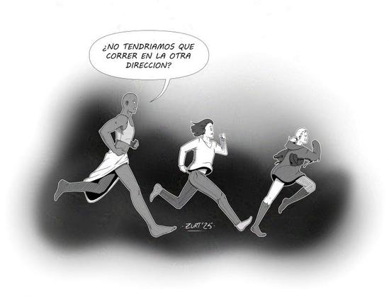 Tres personas corriendo.
Ese día hubo risas y un tiroteo, corremos hacia el ruido.

Texto: ¿No tendríamos aue correr en la otra dirección?