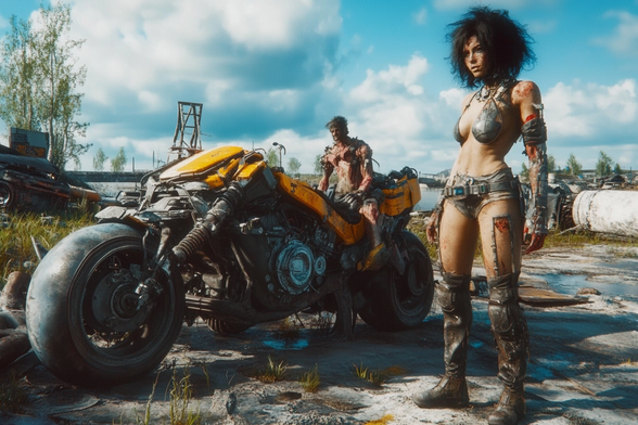 A post-apocalyptic landscape stretches to the horizon. A woman stands facing the distance, her silhouette framed by the ruined world. Behind her, a sleek yellow futuristic motorbike and a companion suggest a bond of survival. The sky is heavy, but hope lingers in the stance.