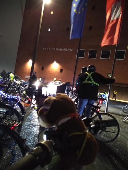 Abendaufnahme: Plüsch-Elch Gunvald vor dem Start der vorletzten Critical Mass auf dem Fahrradlenker, im Hintergrund steht auf einer Klinkermauer der Schriftzug "Elbphilharmonie". Außerdem sind Menschen mit teils bunt beleuchteten Fahrrädern zu sehen. 