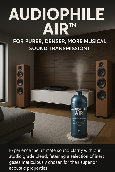A modern audiophile-themed advertisement features "Audiophile Air™" in a sleek, minimalist listening room with warm wooden accents. Twin floor-standing speakers flank a white media console with a turntable on top, set against a dark wood-paneled wall. In the foreground, a metallic blue canister labeled “Audiophile Air – Studio Grade Elixir” emits a fine mist, suggesting it's actively releasing the product into the room. The headline reads “For Purer, Denser, More Musical Sound Transmission!” and the caption below promotes the product’s blend of inert gases for superior acoustic properties.