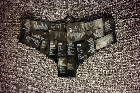 Unter einer Schicht von abgetrennten und in Slip-Form über- und nebeneinander gelegten schwarze-weißen Kleidungsetiketten befindet sich ein schwarzer Damenslip.