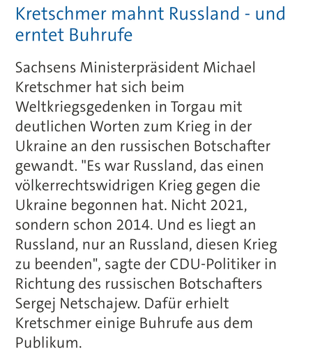 Ausschnitt aus dem Ukraine-Liveticker von tagesschau.de zu den Worten von Sachsens MP Kretschmer zum Ukrainekrieg und Russlands Schuld