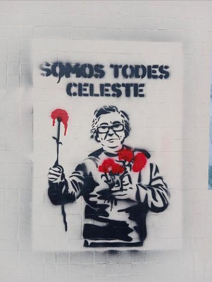 Arte de rúa no que nunha parede se ve uma imagem de Celeste Caeiro con cravos vermelhos a mulher que com toda a sua generosidade e fofura, ao atopar o exercito na rúa, repartiu cravos os militares e que deu nome e pulo a esta revolução.
Segue um texto que di "Somos todes Celeste"