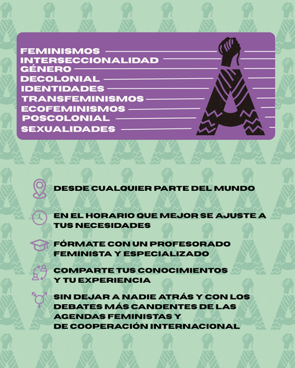 Imagen con las características del máster: Desde cualquier parte del mundo, En el horario que mejor se ajuste a tus necesidades, Fórmate con un profesorado feminista y especializado, Sin dejar a nadie atrás y con los debates más candentes de las agendas feministas y de cooperación internacional