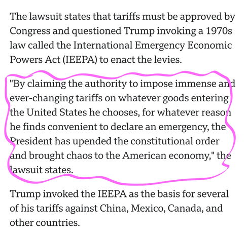 The lawsuit states that tariffs must be approved by Congress and questioned Trump invoking a 1970s law called the International Emergency Economic Powers Act (IEEPA) to enact the levies.

"By claiming the authority to impose immense and ever-changing tariffs on whatever goods entering the United States he chooses, for whatever reason he finds convenient to declare an emergency, the President has upended the constitutional order and brought chaos to the American economy," the lawsuit states.

Trump invoked the IEEPA as the basis for several of his tariffs against China, Mexico, Canada, and other countries.