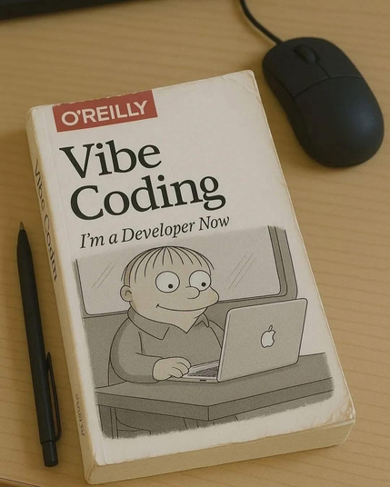 This is a meme. It is not real. An O'Reilly book titled "Vibe Coding: I'm a Developer Now" with a cartoon character coding on a laptop.