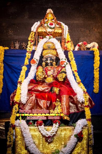 Idol of Hindu deity Krishna in red saree, gold ornaments, pumpkin-shaped gold crown, and gold shoes; seated with right leg folded flat on the seat.  A gold box-like structure under the seat. A small gold umbrella above Krishna. White flower garland over Krishna's crown flowing down on either side of him down to the seat. Yellow flower garland from the umbrella flowing down on either side of him down to the floor. Blue cloth background. 