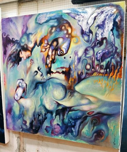 a painting, it is a colorful  scene , dreamy, done in pastel tones, there are vegetative and mineral-like forms around a female laying on her side,  her form warped and distorted, lots of teals and purples and orange and blue