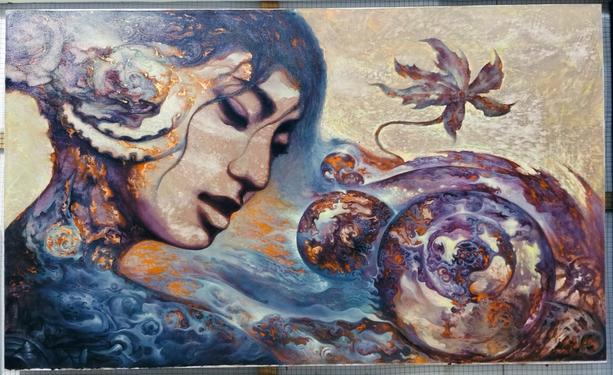 a painting , it is a face seen in a three quarter view with energy and shapes swirling in and around it, there is a wheel of vegetation and energy on the right lower side, a leaf falling above it, the background gold 