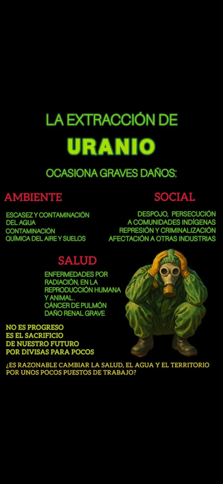 La imagen muestra un texto en español sobre los graves daños ocasionados por la extracción de uranio. Se divide en tres secciones: **Ambiente**, detallando la escasez y contaminación del agua, aire y suelo; **Social**, describiendo el despojo, persecución y criminalización de comunidades indígenas, y la afectación a otras industrias; y **Salud**, enumerando enfermedades por radiación, problemas de reproducción y cáncer. Finaliza con una pregunta retórica sobre el costo de la extracción. Una ilustración acompaña el texto, mostrando a una persona en traje de protección y máscara antigás, agachada con las manos en la cabeza.
