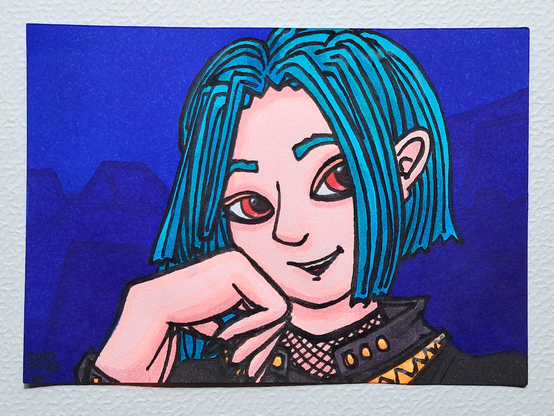 Un dessin faisant un portrait rapproché de Beauregard, un homme portant un uniforme léger impérial gris et doré et aux cheveux bleus-turquoise, fixant en souriant la caméra de ses yeux rouges; en fond des silhouettes de maisons et autres.