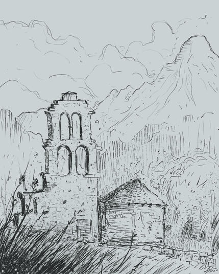 sketch of a medieval chapel in pyréenées
