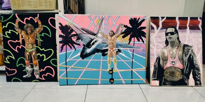 three paintings, the first is the ultimate warrior, wearing a championship belt, against a dark background, his symbols behind him in different colored neon colors, the next is randy savage, standing on the top rope , a large fighter jet floating behind him in a laser-tile background, green and hot pink, purple palm trees on the left and right side, the third is bret hart, wearing sunglasses and a leather jacket and championship belt, pink clouds and pink lightning behind him 